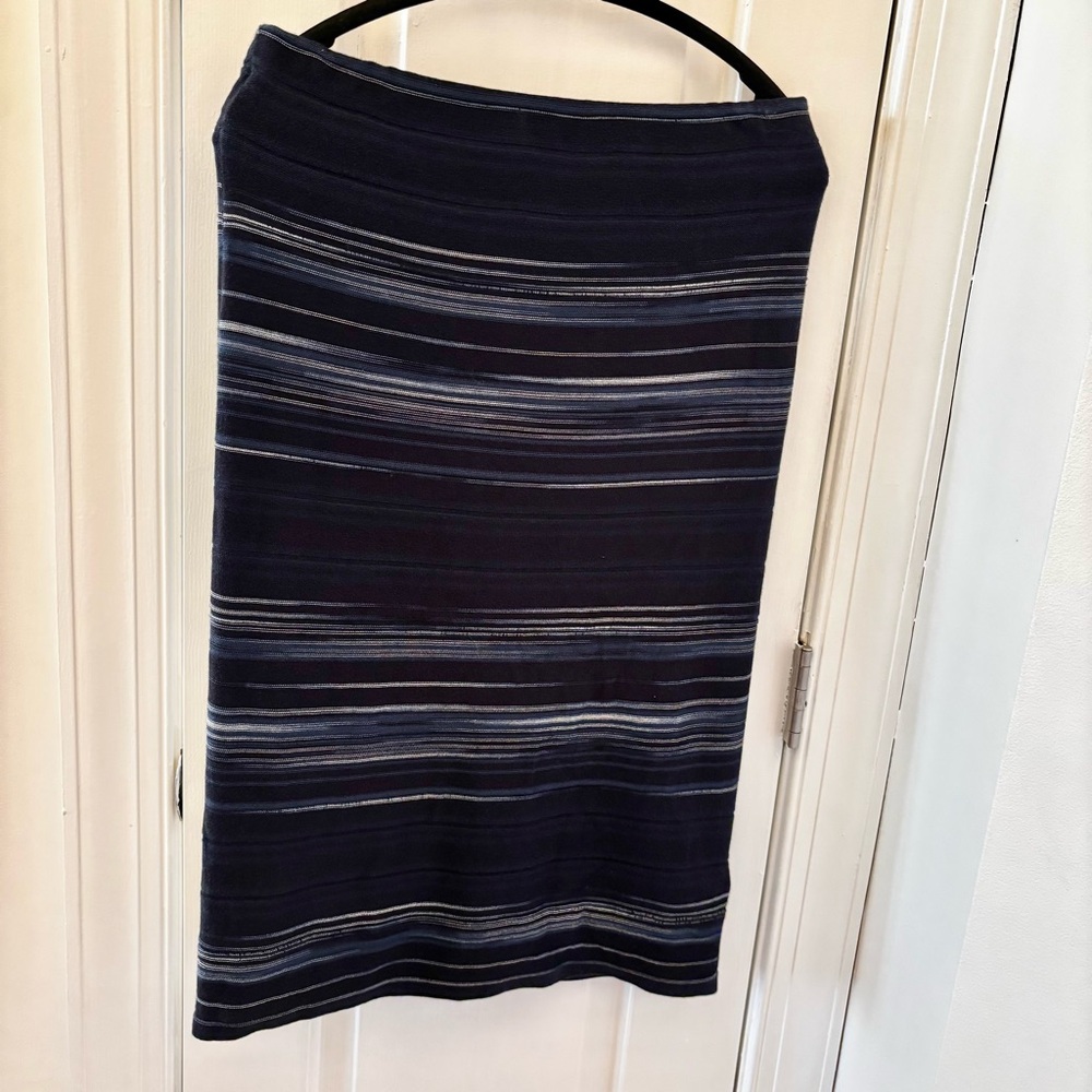 Ralph Lauren Navy and Gray Striped Pencil Midi Knit Skirt As New Fall Staple